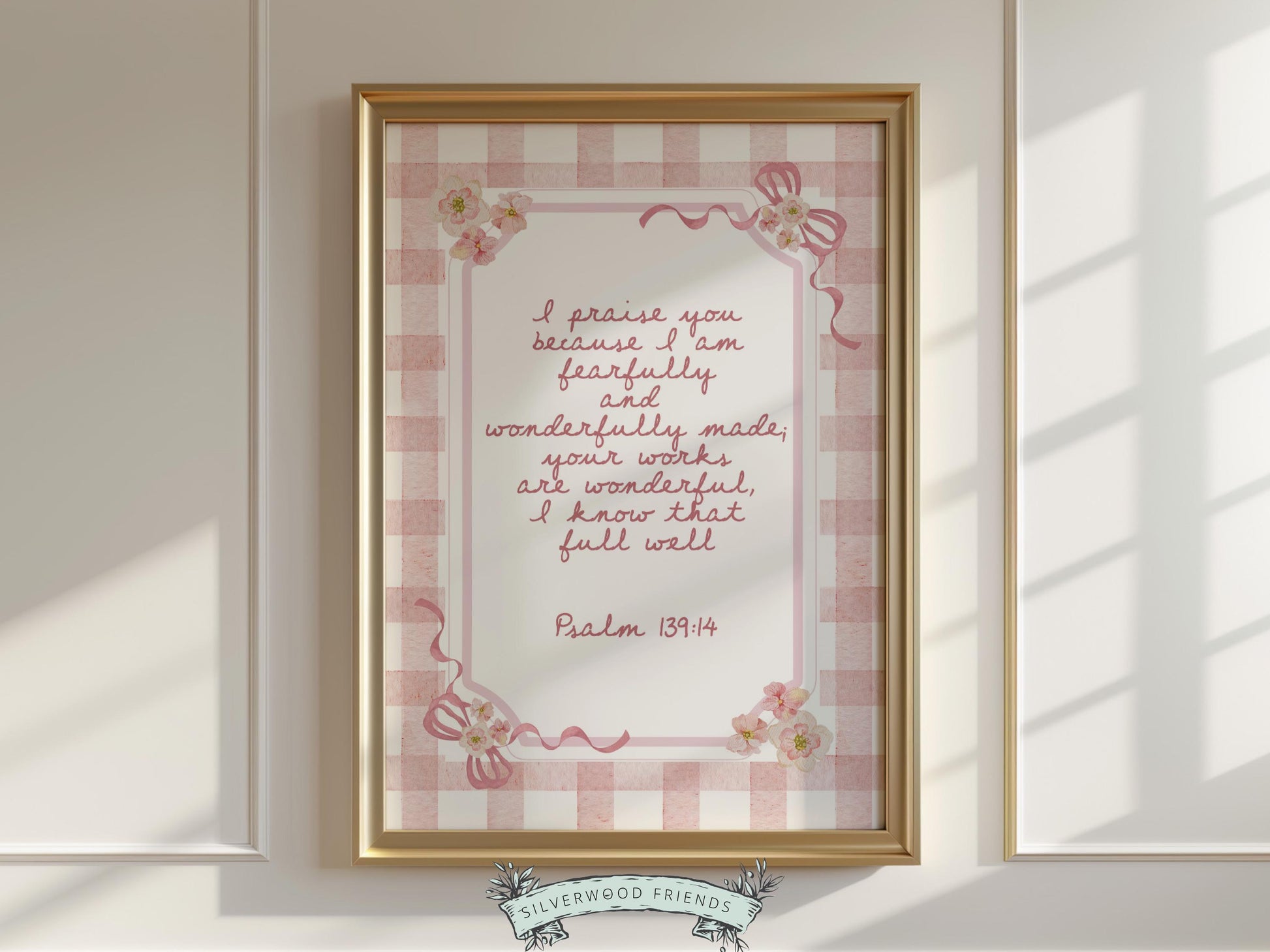 Psalm 139:14 Nursery Wall Art, Fearfully Wonderfully Made Bible Verse Print, Baby Girl Pink Check Floral Christian Nursery Decor (DIGITAL)