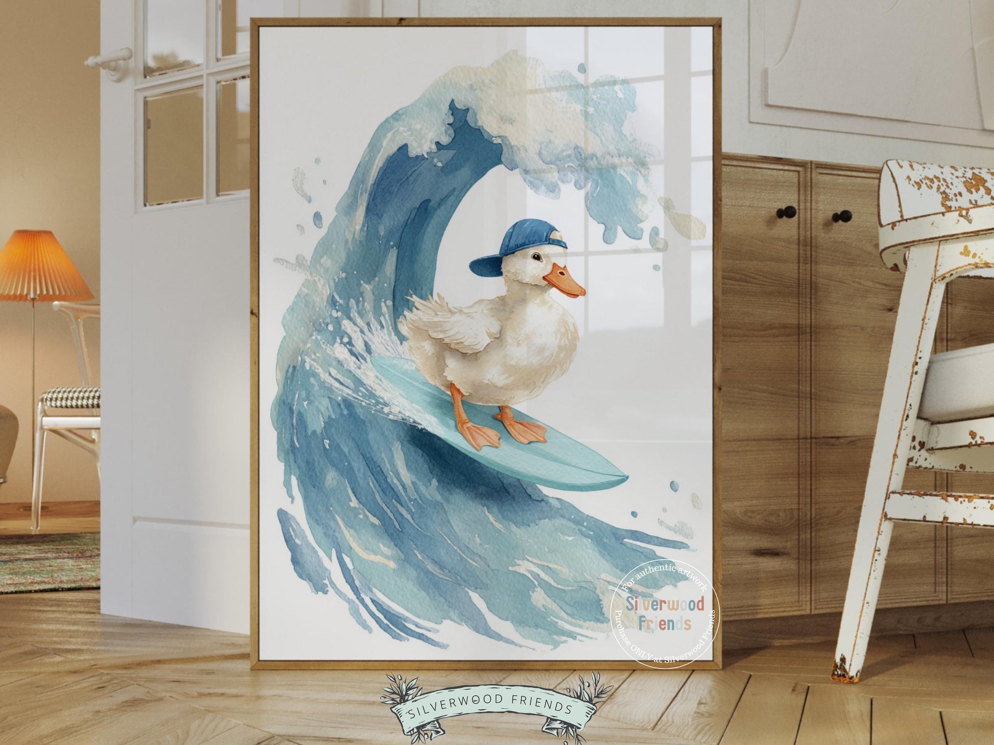 Duck Surfing Nursery Print, Farmyard Duckling Nursery Decor, Boys Surfboard Nursery Wall Art, Silly Goose Nursery Digital Print