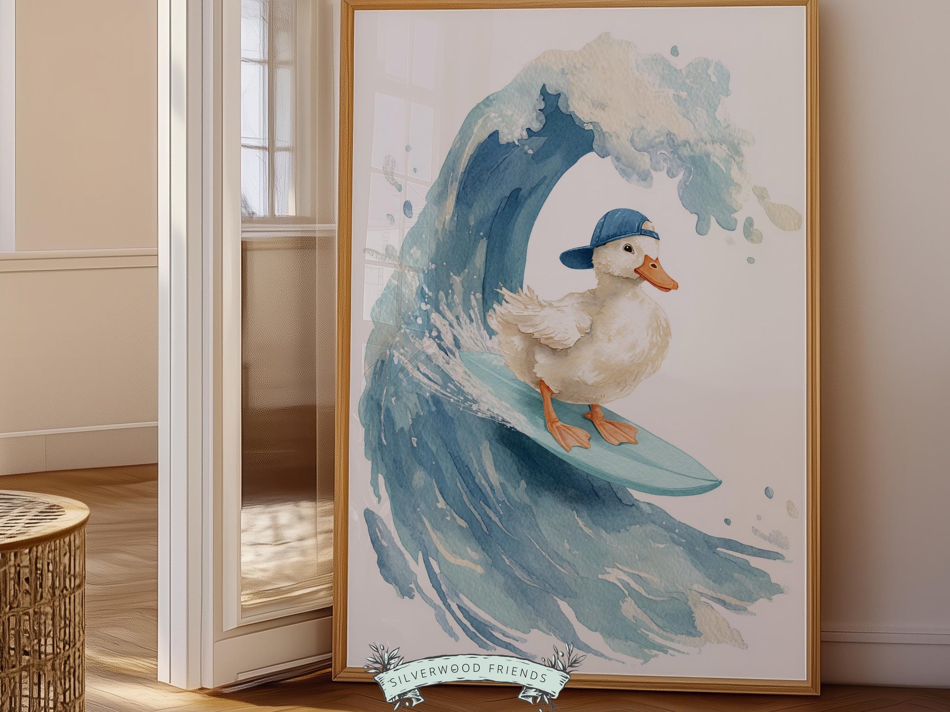 Duck Surfing Nursery Print, Farmyard Duckling Nursery Decor, Boys Surfboard Nursery Wall Art, Silly Goose Nursery Digital Print