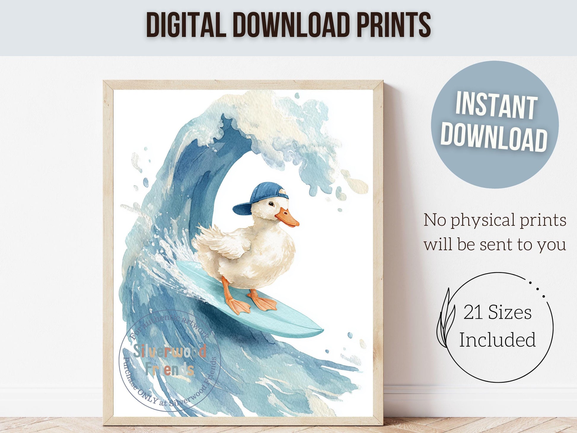 Duck Surfing Nursery Print, Farmyard Duckling Nursery Decor, Boys Surfboard Nursery Wall Art, Silly Goose Nursery Digital Print