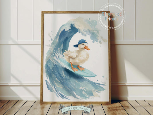 Add a touch of playful charm to your little one’s space with our adorable watercolor surfing duck print, designed in a soft, whimsical style that suits nurseries, playrooms, or kids’ bedrooms. A thoughtful and versatile baby shower gift, this sweet duck print is sure to be treasured for years to come.