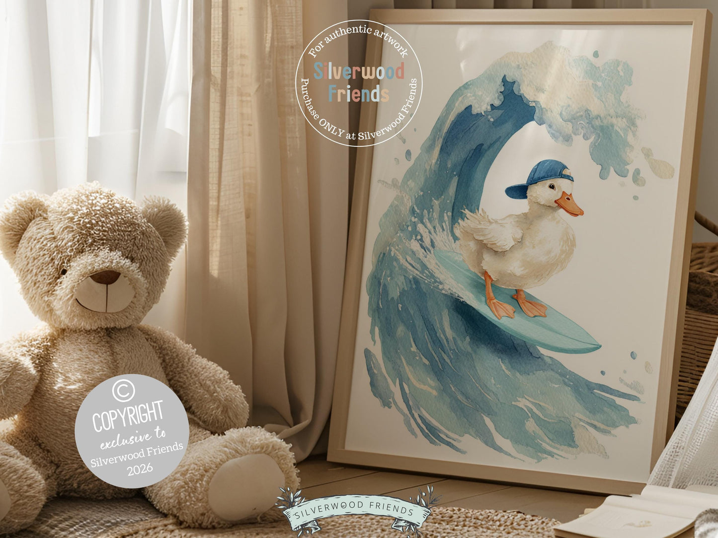 Duck Surfing Nursery Print, Farmyard Duckling Nursery Decor, Boys Surfboard Nursery Wall Art, Silly Goose Nursery Digital Print