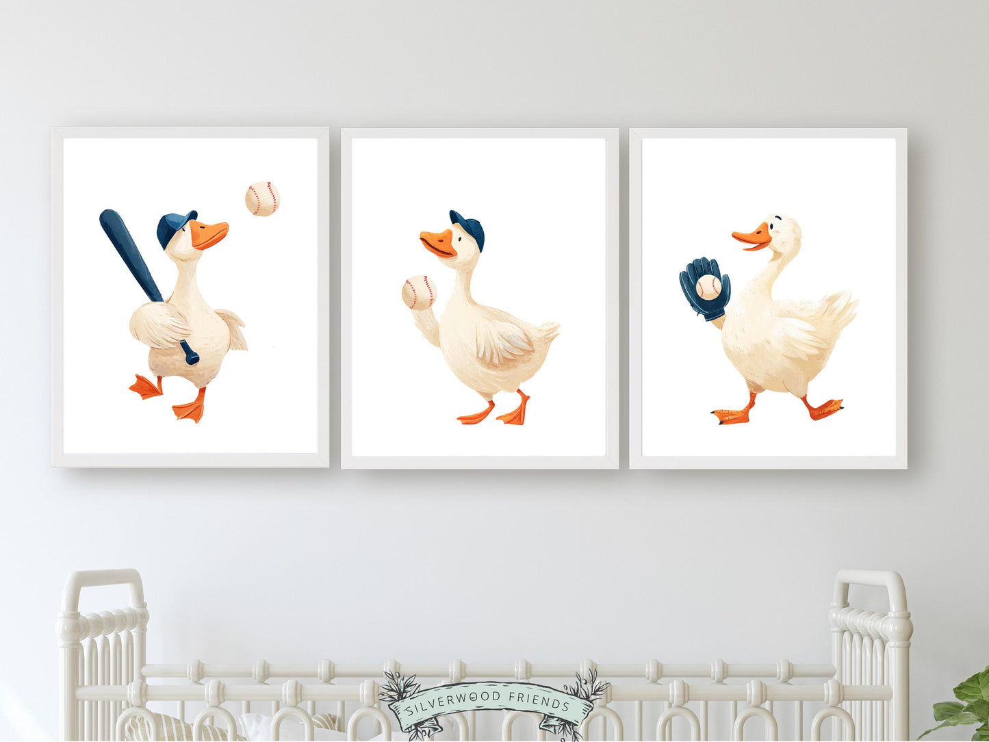 Set of 3 Baseball Duck Nursery Prints, Navy Blue Sports Nursery Decor, Softball Nursery Wall Art, Silly Goose Nursery Digital Print