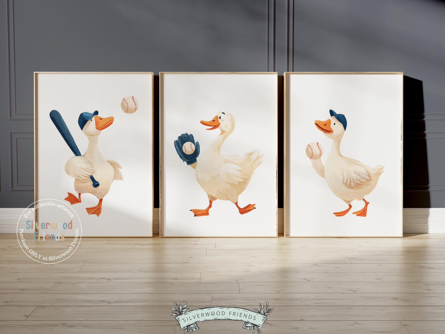 Set of 3 Baseball Duck Nursery Prints, Navy Blue Sports Nursery Decor, Softball Nursery Wall Art, Silly Goose Nursery Digital Print