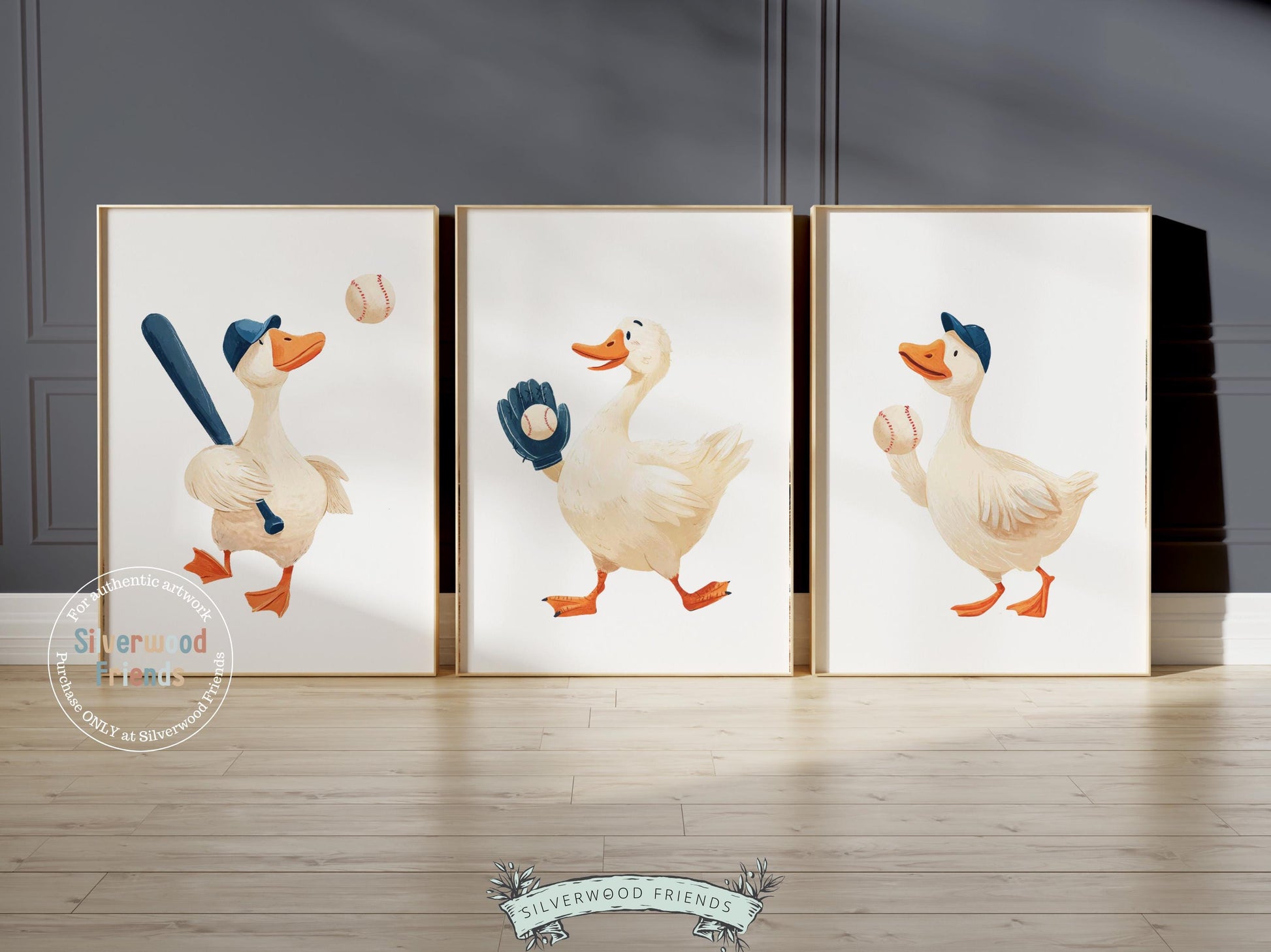 Set of 3 Baseball Duck Nursery Prints, Navy Blue Sports Nursery Decor, Softball Nursery Wall Art, Silly Goose Nursery Digital Print