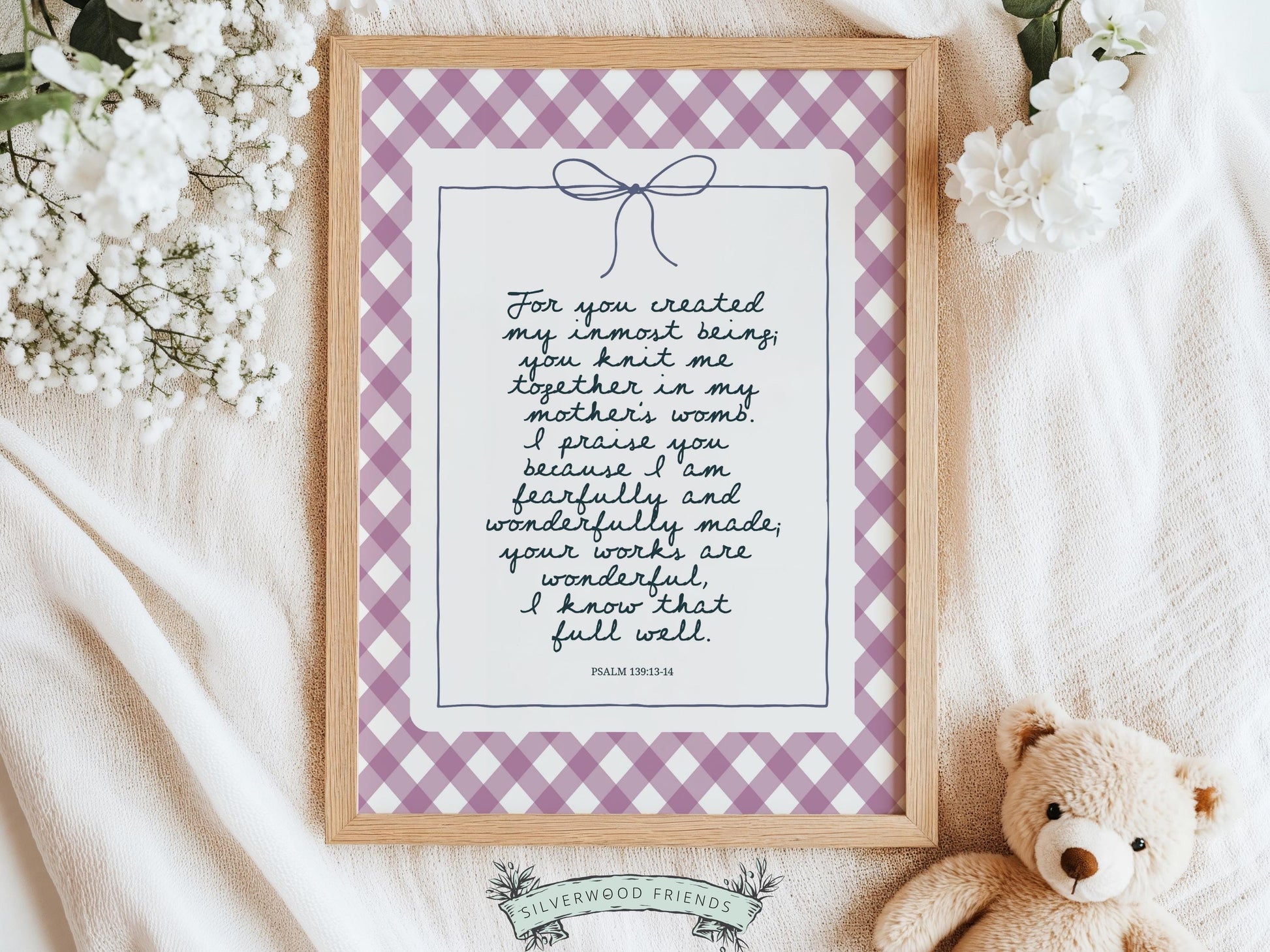 Create a peaceful and faith-filled space with this Psalm 139:13–14 Bible verse print, featuring a purple and white gingham background, elegant handwritten script in soft blue-black tones, and a sweet dusty-blue coquette bow for a timeless, whimsical touch. A beautiful reminder that every child is wonderfully made and deeply loved by God, perfect for Christian nursery decor, faith-inspired farmyard home decor, and meaningful baby dedication gifts.