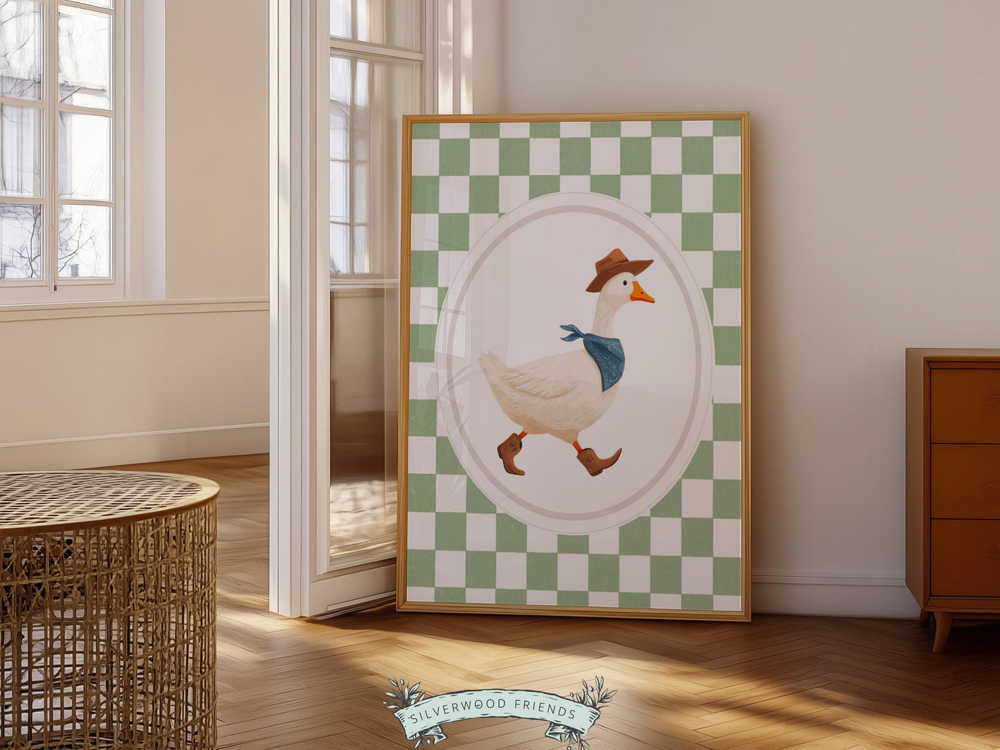 Vintage Cowboy Goose Nursery Wall Art, Toddler Cowboy Western Theme, Green Checkered Baby Boy Nursery Wall Decor, Western Duck Nursery Print