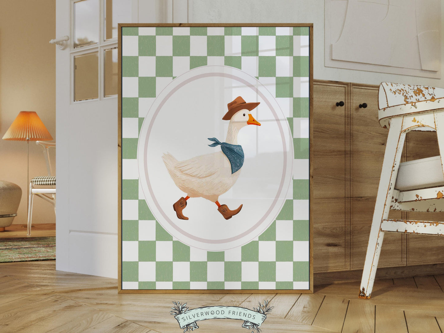 Vintage Cowboy Goose Nursery Wall Art, Toddler Cowboy Western Theme, Green Checkered Baby Boy Nursery Wall Decor, Western Duck Nursery Print