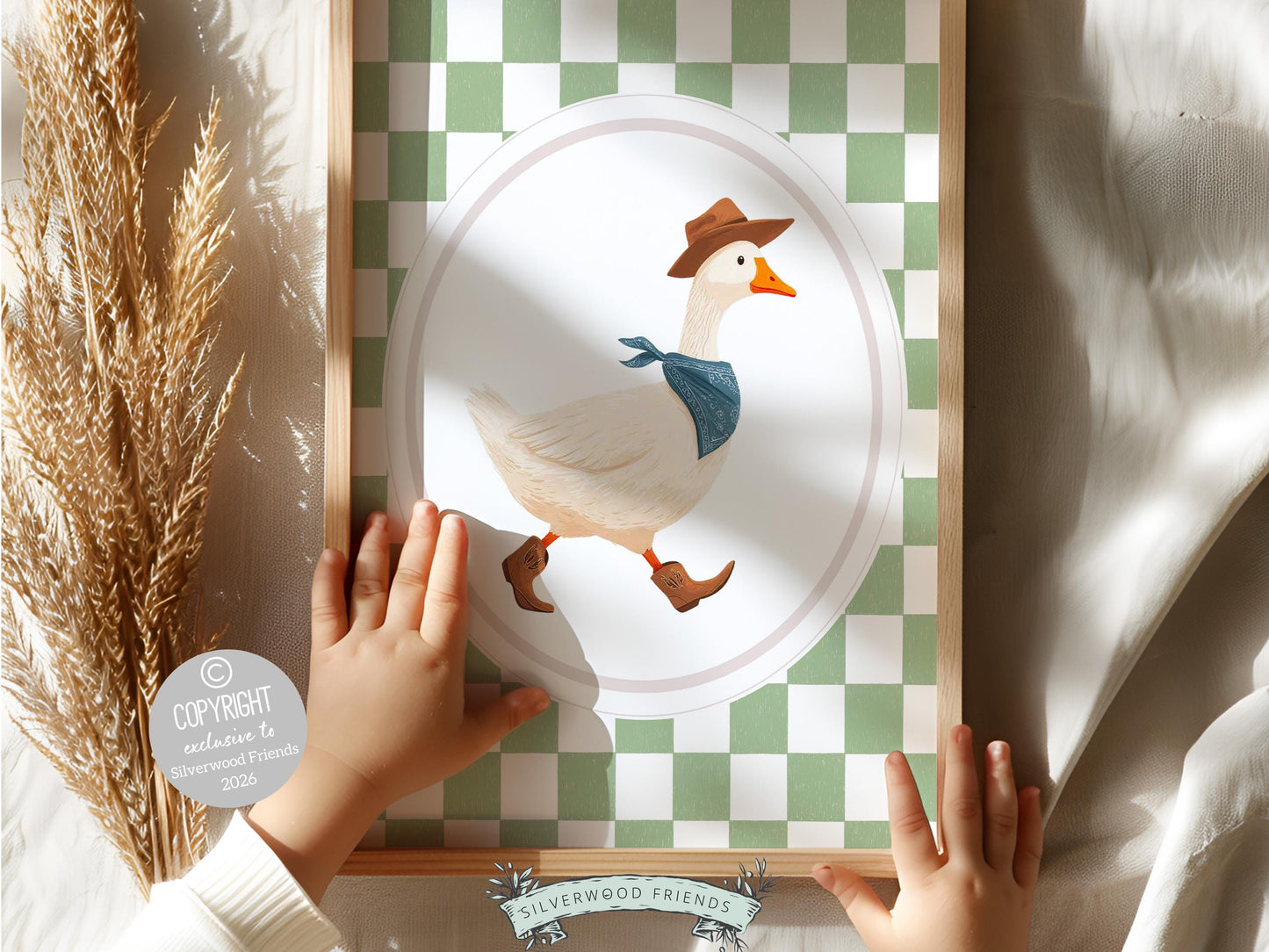 Vintage Cowboy Goose Nursery Wall Art, Toddler Cowboy Western Theme, Green Checkered Baby Boy Nursery Wall Decor, Western Duck Nursery Print