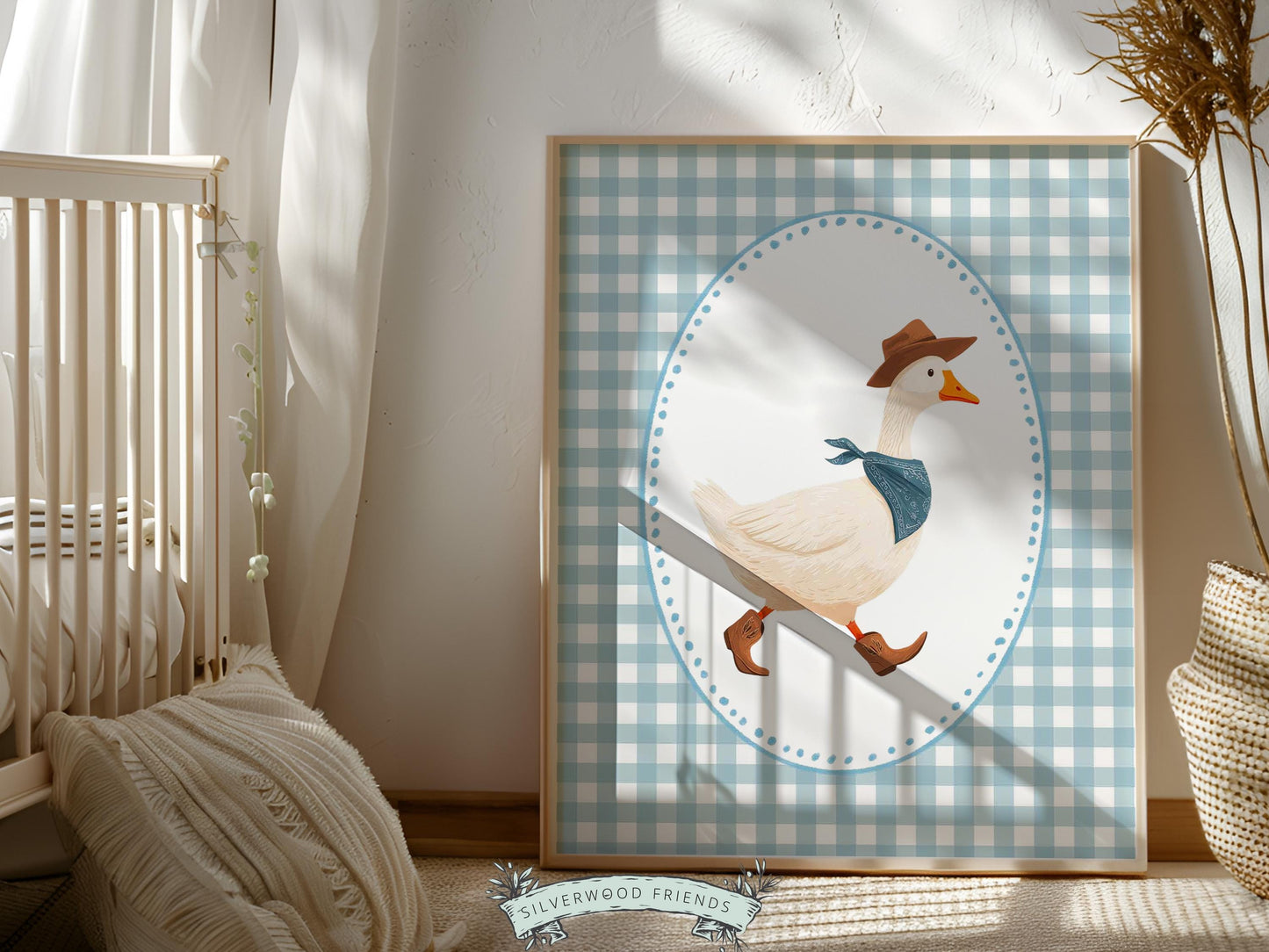 Vintage Cowboy Goose Nursery Wall Art, Toddler Cowboy Western Theme, Blue Checkered Baby Boy Nursery Wall Decor, Western Duck Digital Print