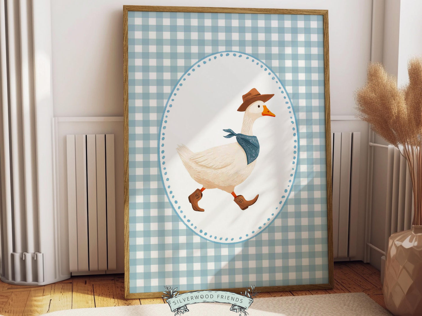 Vintage Cowboy Goose Nursery Wall Art, Toddler Cowboy Western Theme, Blue Checkered Baby Boy Nursery Wall Decor, Western Duck Digital Print