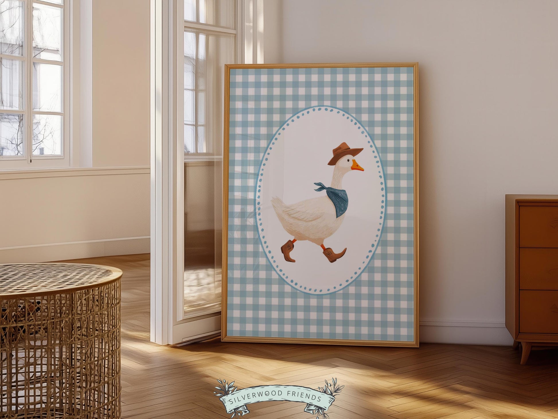 Vintage Cowboy Goose Nursery Wall Art, Toddler Cowboy Western Theme, Blue Checkered Baby Boy Nursery Wall Decor, Western Duck Digital Print