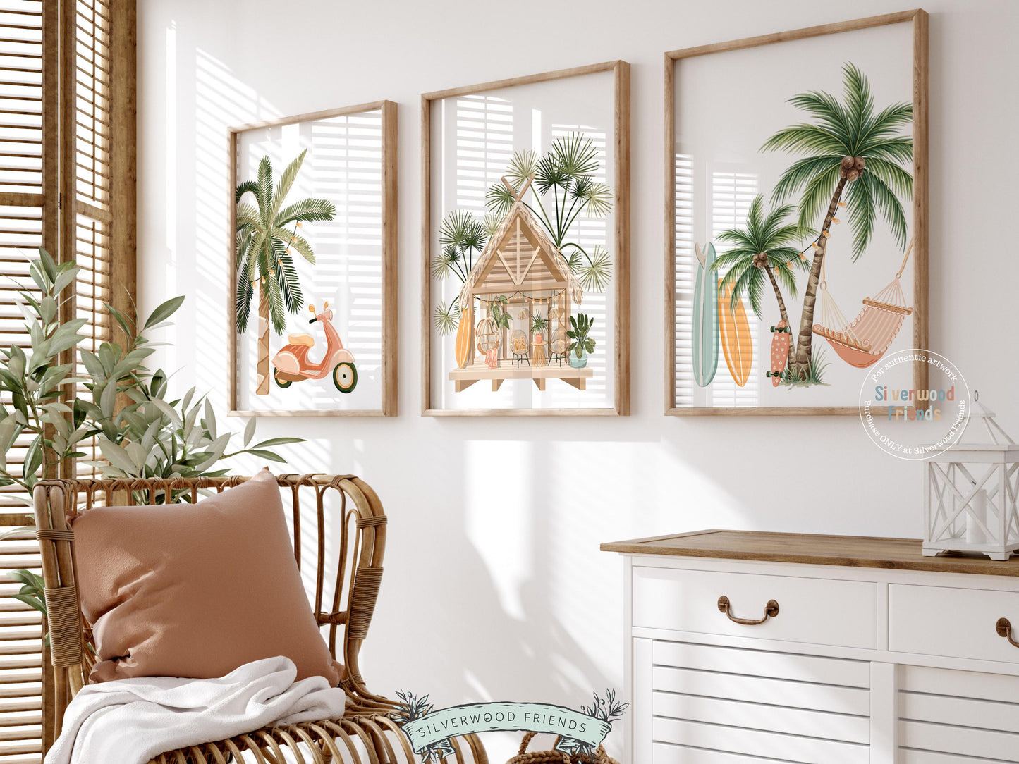 Set of 3 Surfboard Palm Tree Prints, Coastal Nursery Wall Art, Beach House Bedroom Wall Decor (Digital Download)