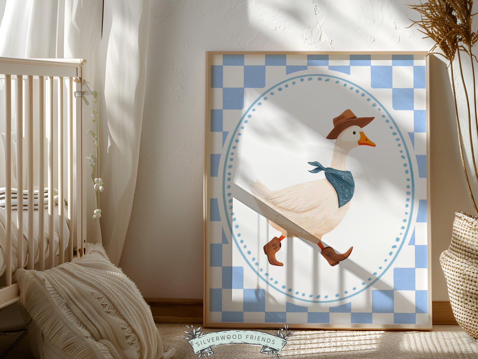 Cowboy Goose Nursery Print, Western Baby Boy Decor, Blue Gingham Silly Goose Nursery Wall Art (Digital Download)