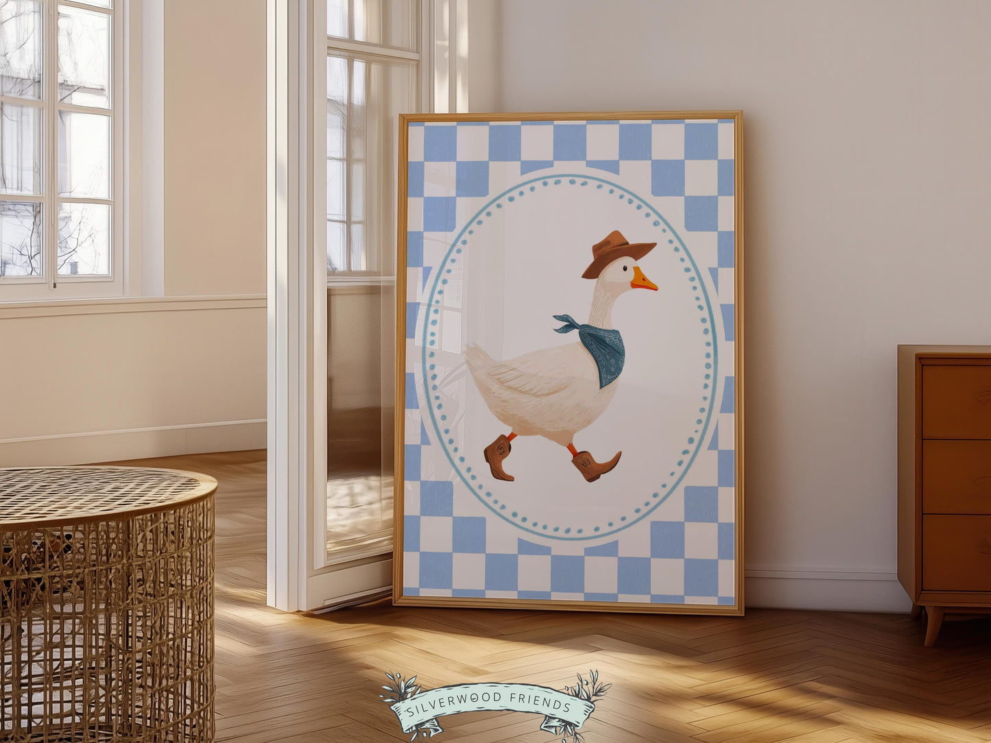Cowboy Goose Nursery Print, Western Baby Boy Decor, Blue Gingham Silly Goose Nursery Wall Art (Digital Download)