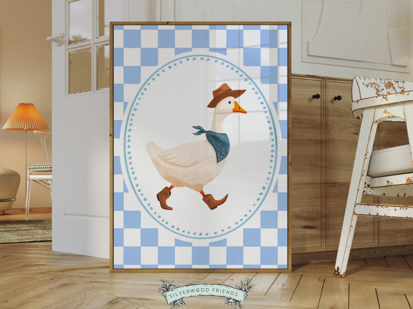 Cowboy Goose Nursery Print, Western Baby Boy Decor, Blue Gingham Silly Goose Nursery Wall Art (Digital Download)