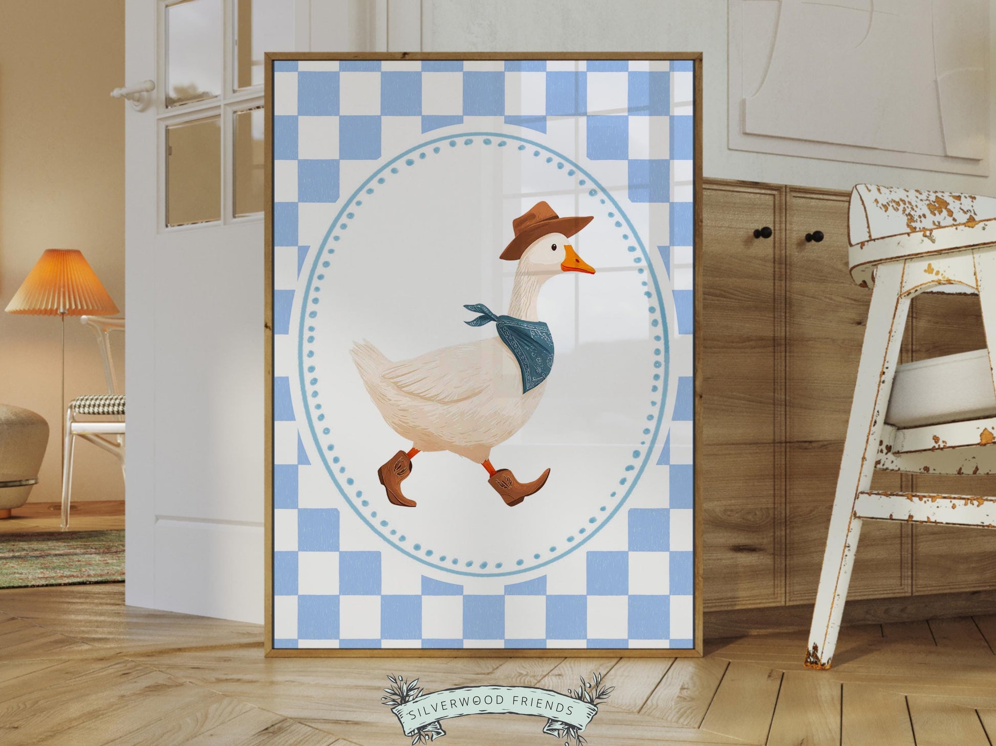Cowboy Goose Nursery Print, Western Baby Boy Decor, Blue Gingham Silly Goose Nursery Wall Art (Digital Download)