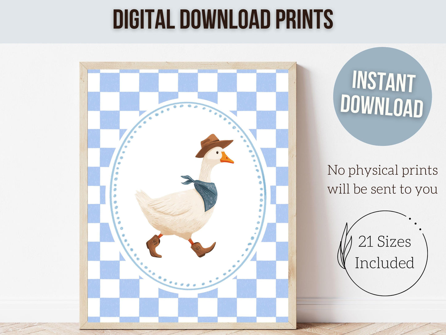 Cowboy Goose Nursery Print, Western Baby Boy Decor, Blue Gingham Silly Goose Nursery Wall Art (Digital Download)