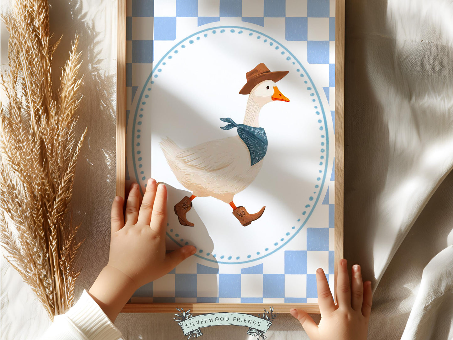 Cowboy Goose Nursery Print, Western Baby Boy Decor, Blue Gingham Silly Goose Nursery Wall Art (Digital Download)