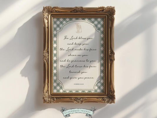 Invite peace and blessing into your home with this Numbers 6:24–26 Bible verse print, featuring the timeless Aaronic Blessing, “The Lord bless you and keep you,” in a beautiful blue-black script font, complemented by a delicate watercolor lamb and soft farmhouse-inspired gingham accents. Perfect for nurseries, bedrooms, or living spaces, and makes a meaningful gift for baby dedications, housewarmings, or special occasions, offering a daily reminder of God’s love, protection, and peace.