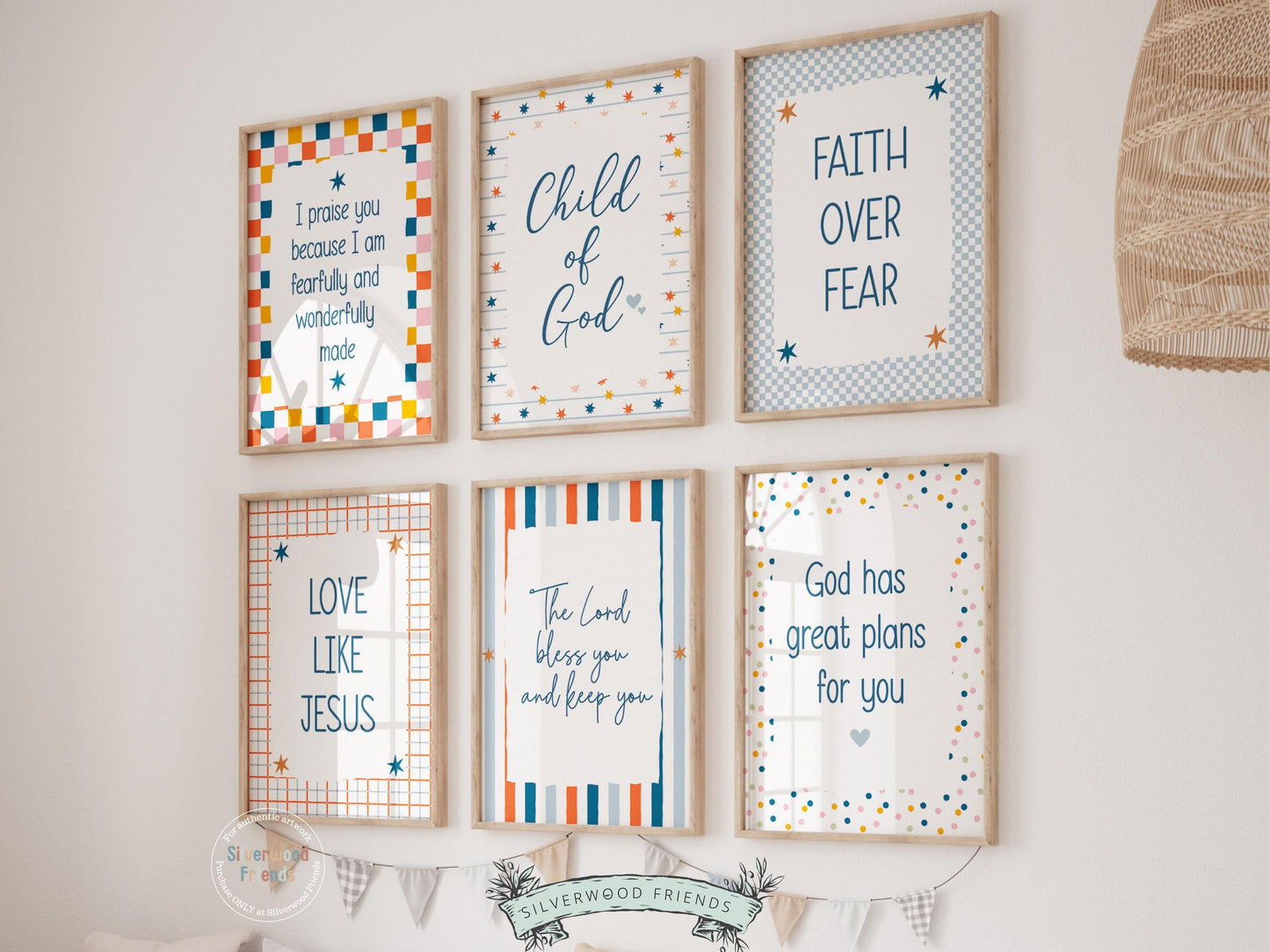 Create a peaceful and faith-filled space with this set of 6 Christian wall art prints for kids, designed in a playful boho style with a soft, gender-neutral colour palette. Each print features a meaningful Bible verse or faith-based affirmation to encourage children, build confidence, and remind them of God’s love every day.