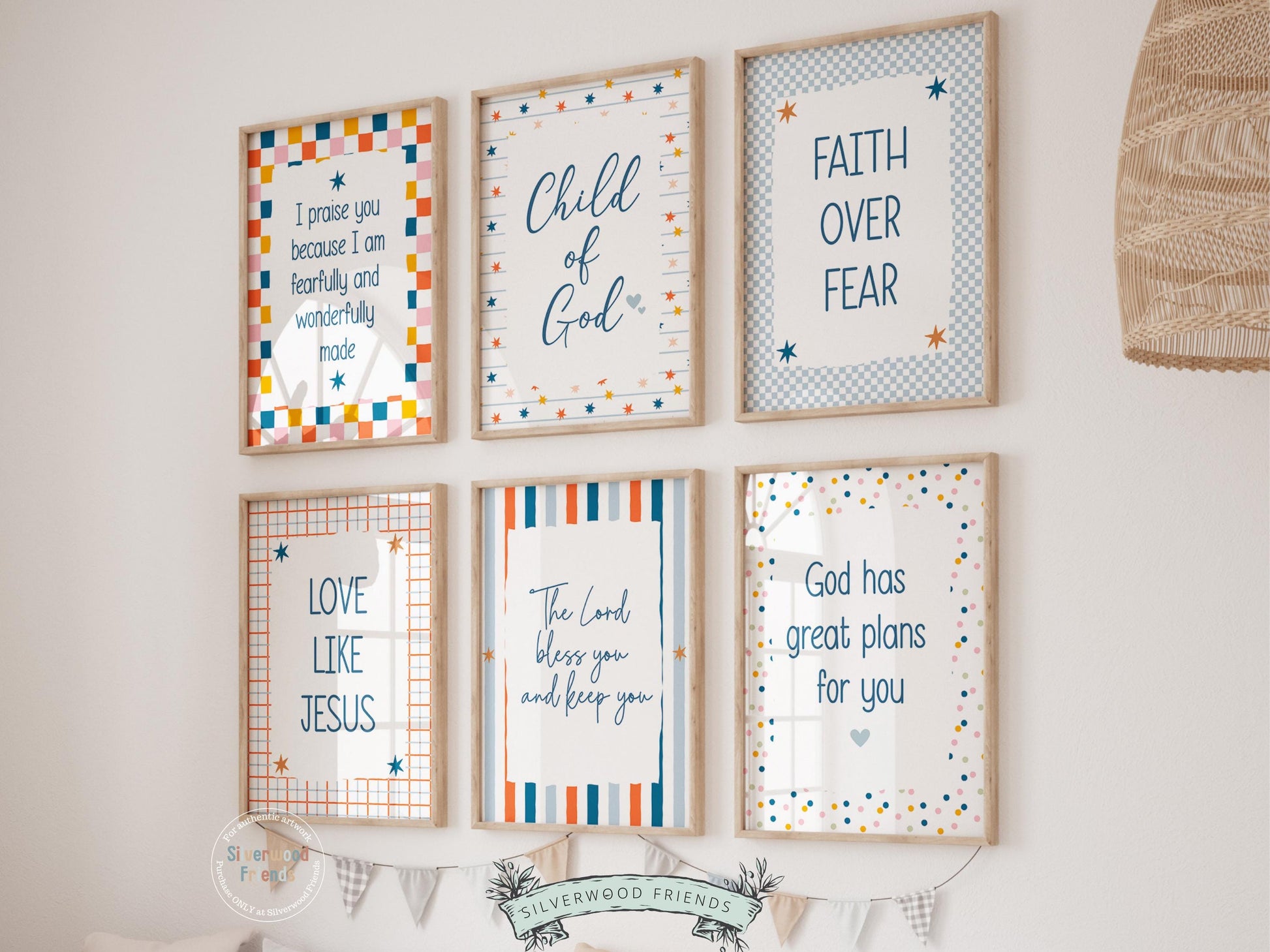 Create a peaceful and faith-filled space with this set of 6 Christian wall art prints for kids, designed in a playful boho style with a soft, gender-neutral colour palette. Each print features a meaningful Bible verse or faith-based affirmation to encourage children, build confidence, and remind them of God’s love every day.