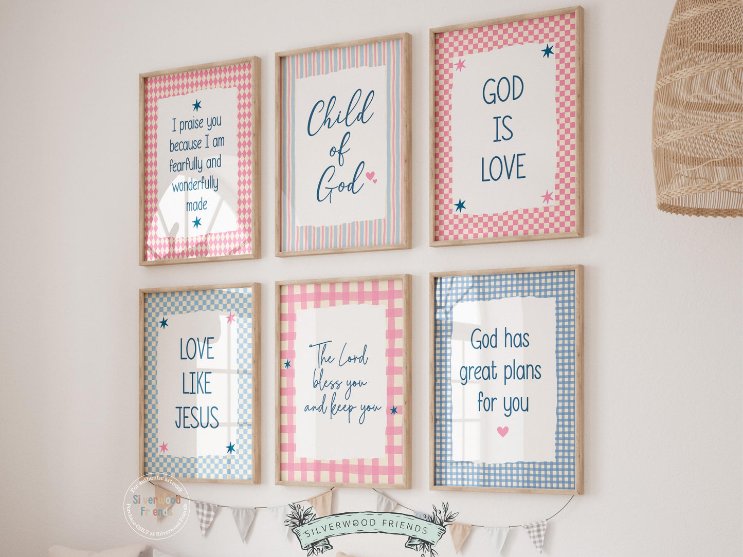 Create a peaceful and faith-filled space with this set of 6 Christian wall art prints for kids, designed in a playful pink and blue gingham check color palette. Each print features a meaningful Bible verse or faith-based affirmation to encourage children, build confidence, and remind them of God’s love every day.