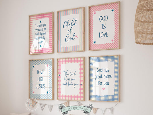 Create a peaceful and faith-filled space with this set of 6 Christian wall art prints for kids, designed in a playful pink and blue gingham check color palette. Each print features a meaningful Bible verse or faith-based affirmation to encourage children, build confidence, and remind them of God’s love every day.