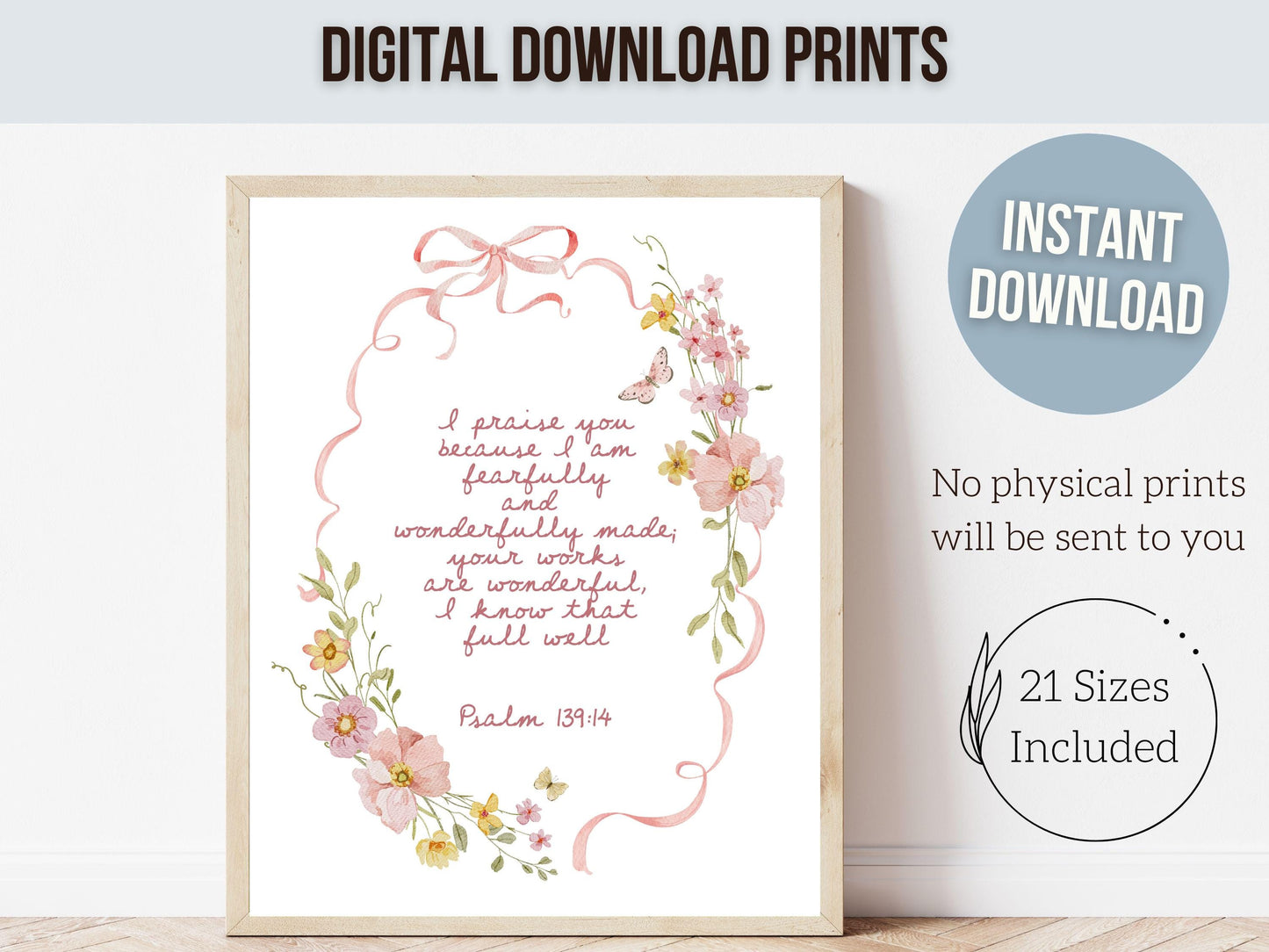 Psalm 139:14 Nursery Wall Art, Fearfully and Wonderfully Made Bible Verse Print, Pink Bow Floral Christian Nursery Decor, Digital Download