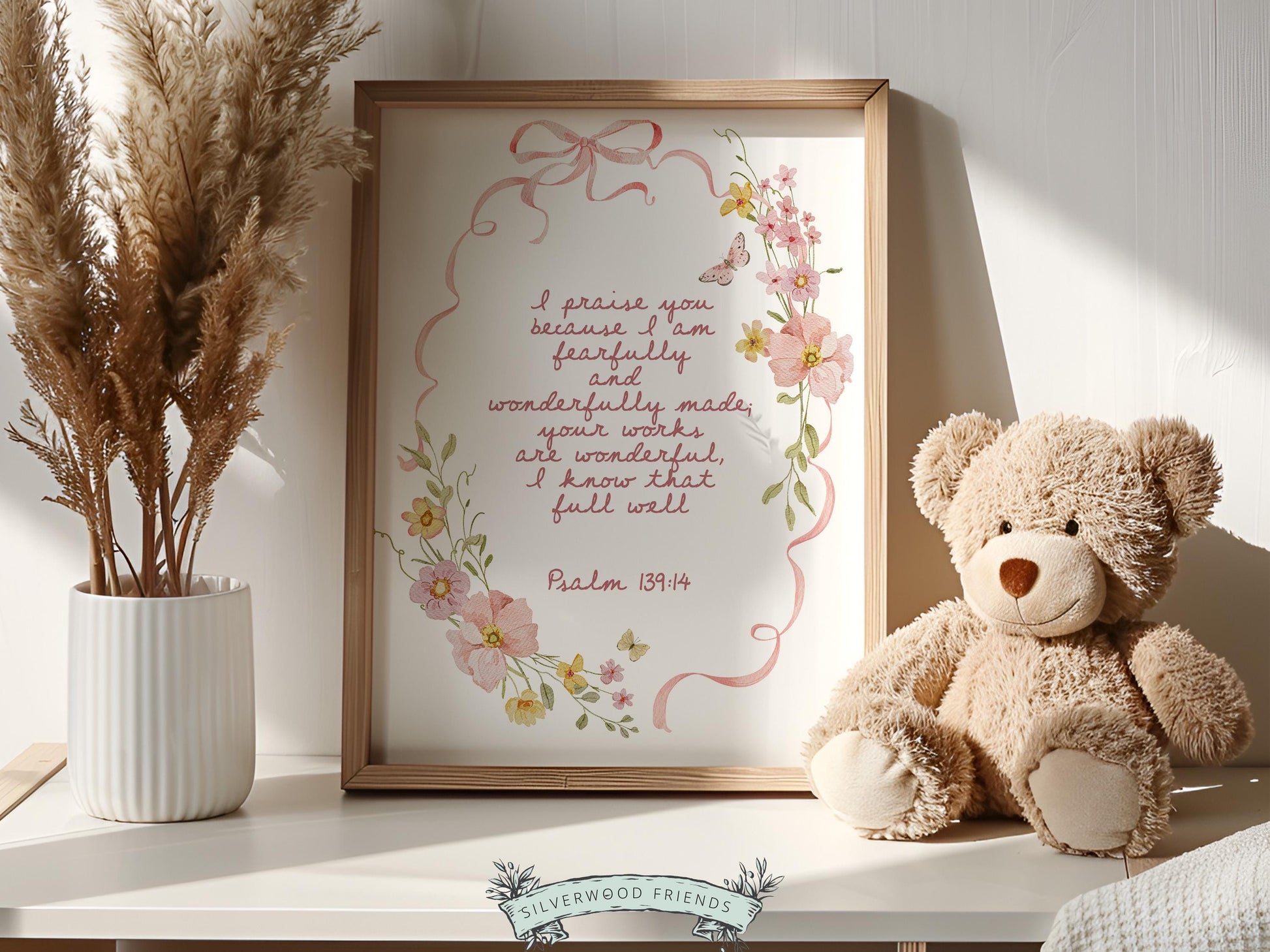 Psalm 139:14 Nursery Wall Art, Fearfully and Wonderfully Made Bible Verse Print, Pink Bow Floral Christian Nursery Decor, Digital Download
