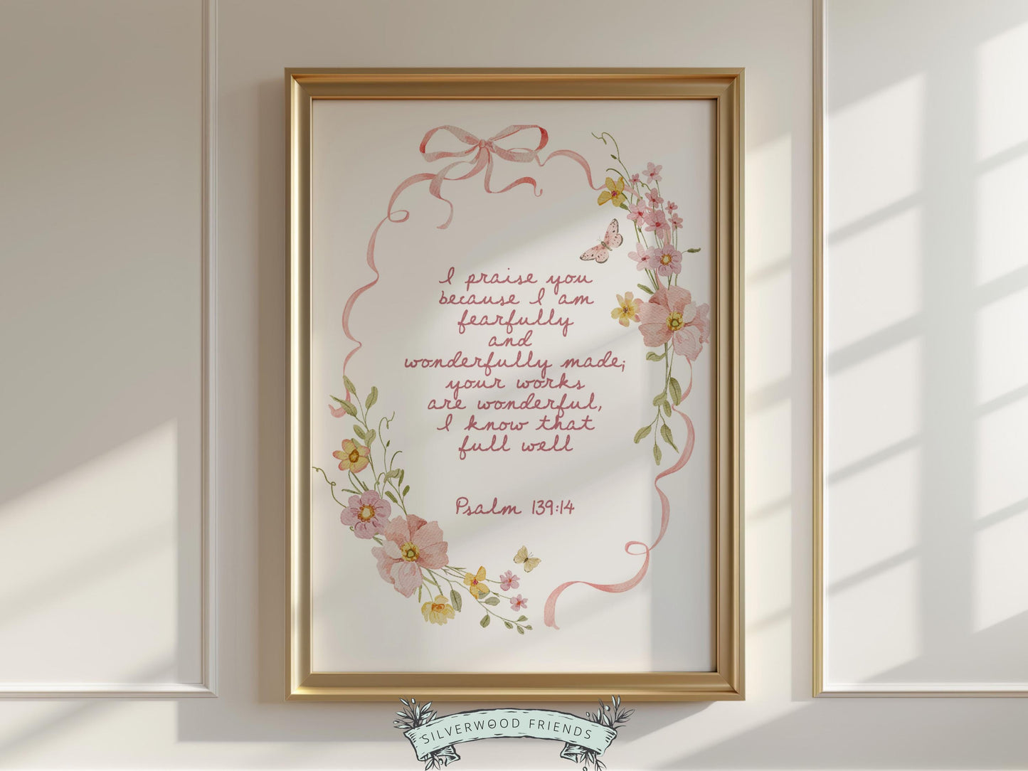 Psalm 139:14 Nursery Wall Art, Fearfully and Wonderfully Made Bible Verse Print, Pink Bow Floral Christian Nursery Decor, Digital Download