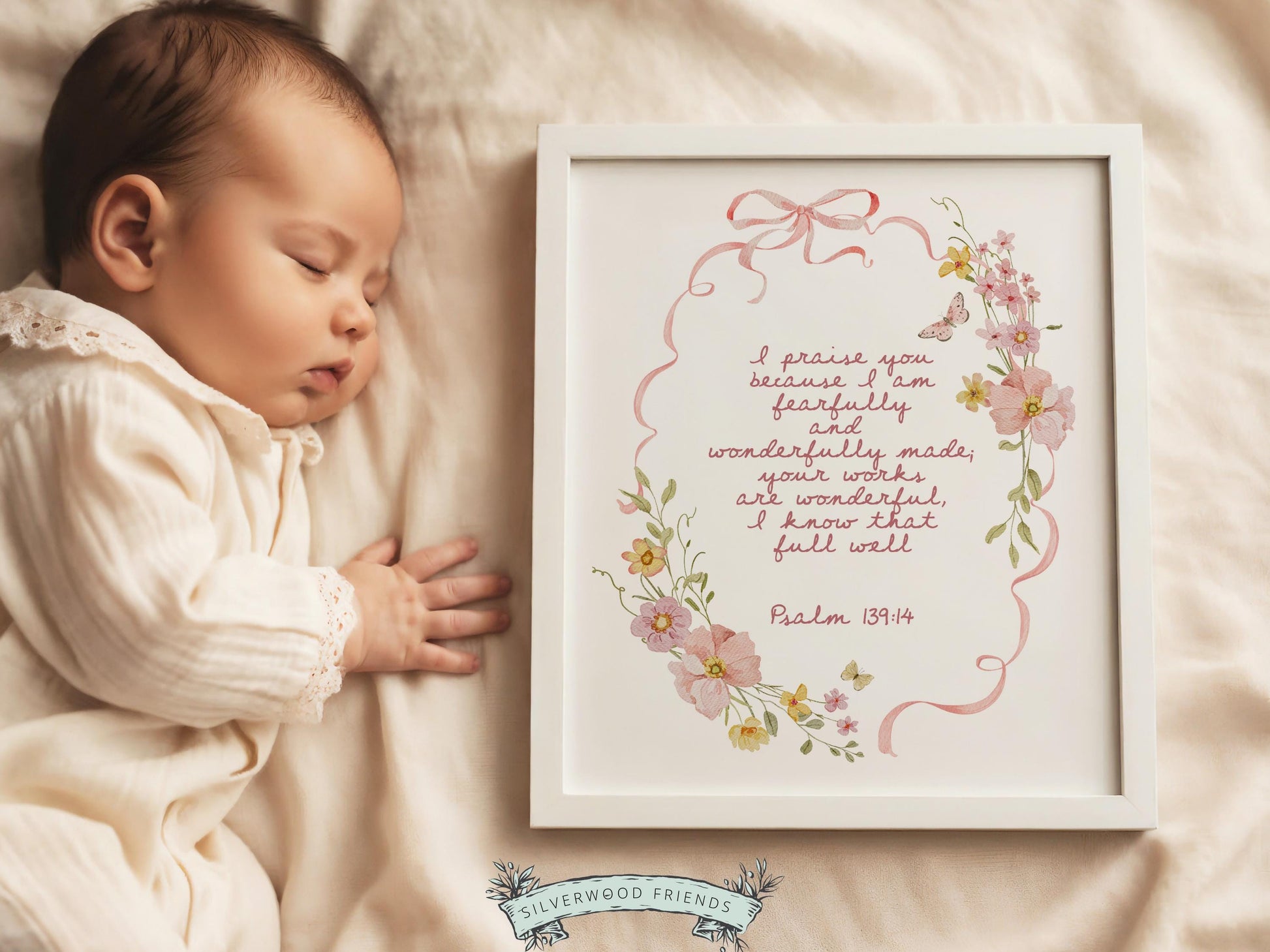 Psalm 139:14 Nursery Wall Art, Fearfully and Wonderfully Made Bible Verse Print, Pink Bow Floral Christian Nursery Decor, Digital Download