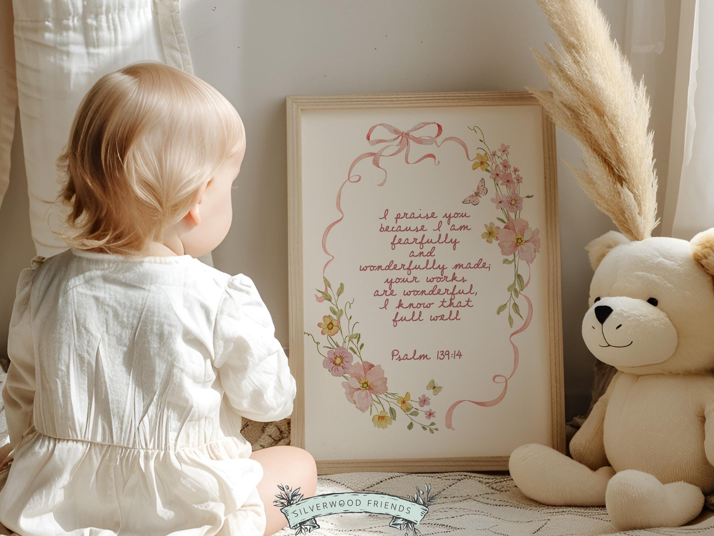 Psalm 139:14 Nursery Wall Art, Fearfully and Wonderfully Made Bible Verse Print, Pink Bow Floral Christian Nursery Decor, Digital Download