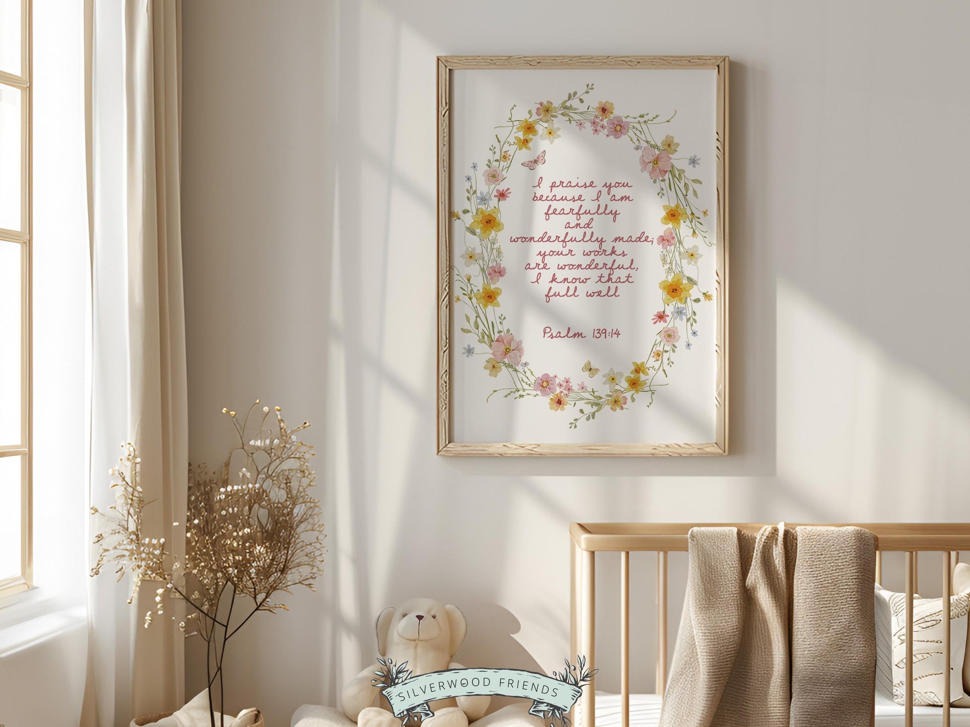 Psalm 139:14 Nursery Wall Art, Fearfully and Wonderfully Made Bible Verse Print, Baby Girl Floral Christian Nursery Decor, Digital Download