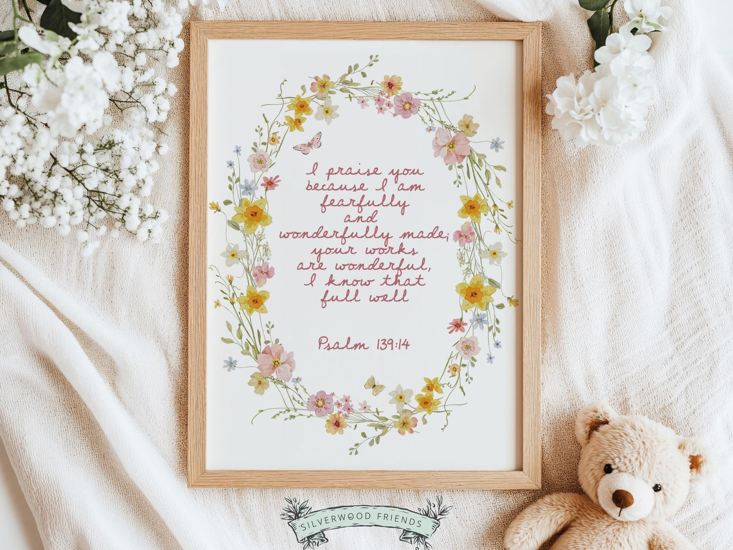 Create a peaceful and faith-filled space with this Psalm 139:14 nursery wall art, featuring the beloved “Fearfully and Wonderfully Made” Bible verse in soft pink lettering surrounded by delicate butterflies and gentle pink and yellow watercolor flowers. This beautiful Christian nursery print is a meaningful reminder that every child is wonderfully made and deeply loved by God, perfect for coquette nursery decor, floral nursery themes, and soft feminine baby rooms.
