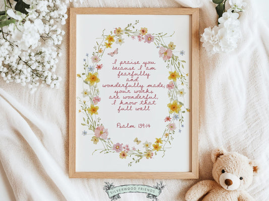 Create a peaceful and faith-filled space with this Psalm 139:14 nursery wall art, featuring the beloved “Fearfully and Wonderfully Made” Bible verse in soft pink lettering surrounded by delicate butterflies and gentle pink and yellow watercolor flowers. This beautiful Christian nursery print is a meaningful reminder that every child is wonderfully made and deeply loved by God, perfect for coquette nursery decor, floral nursery themes, and soft feminine baby rooms.