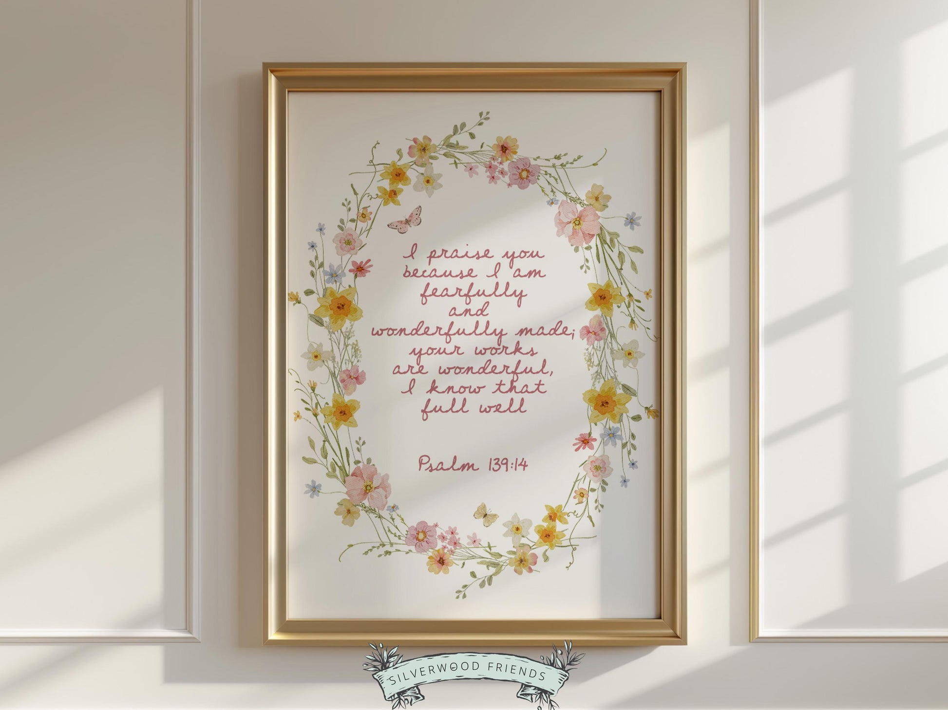 Psalm 139:14 Nursery Wall Art, Fearfully and Wonderfully Made Bible Verse Print, Baby Girl Floral Christian Nursery Decor, Digital Download