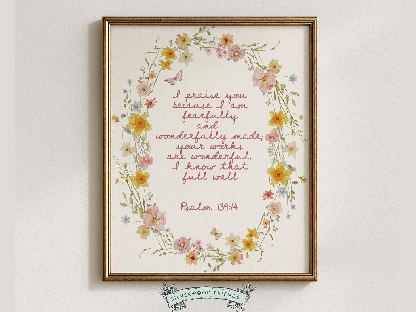 Psalm 139:14 Nursery Wall Art, Fearfully and Wonderfully Made Bible Verse Print, Baby Girl Floral Christian Nursery Decor, Digital Download
