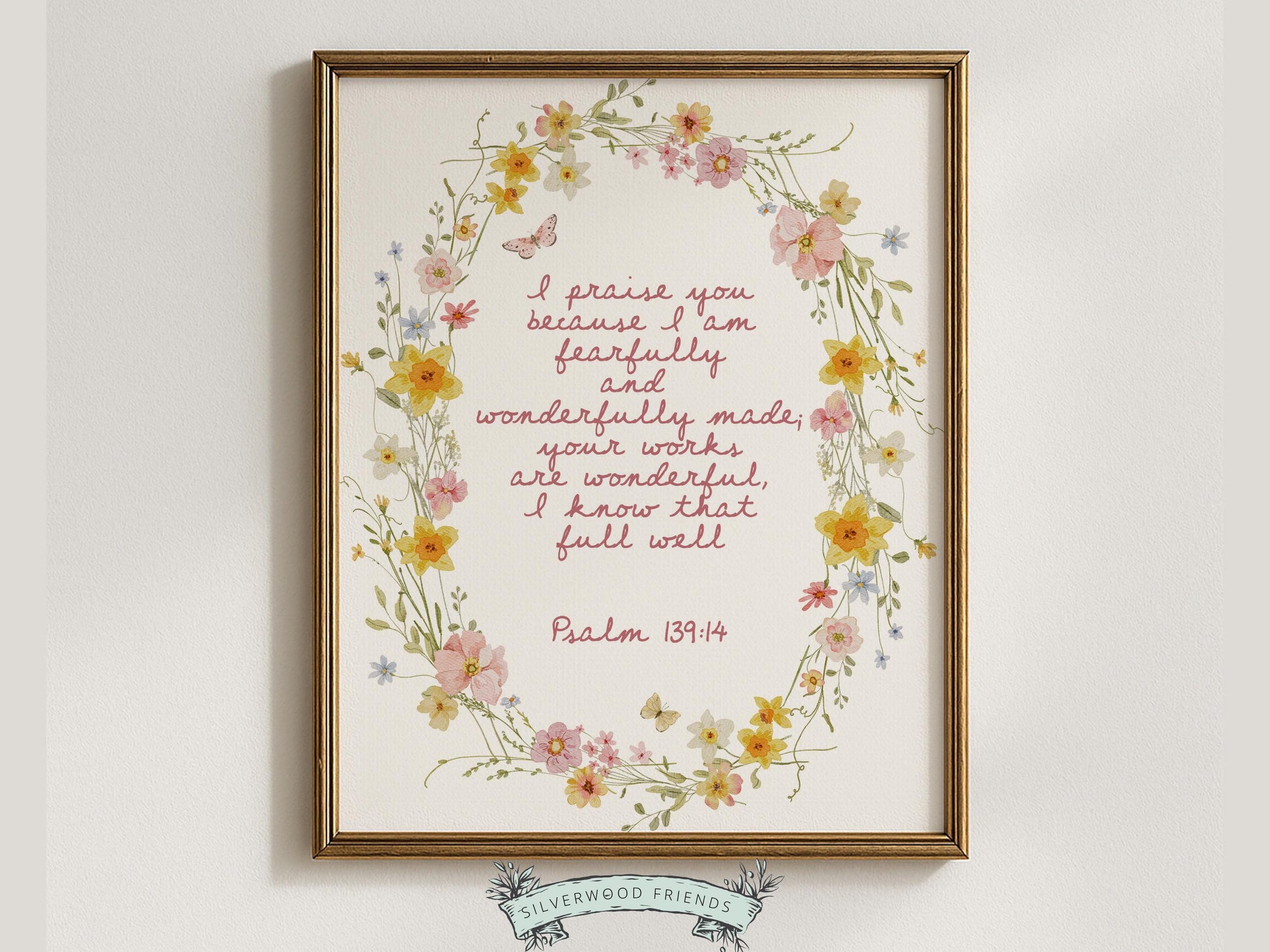Psalm 139:14 Nursery Wall Art, Fearfully and Wonderfully Made Bible Verse Print, Baby Girl Floral Christian Nursery Decor, Digital Download