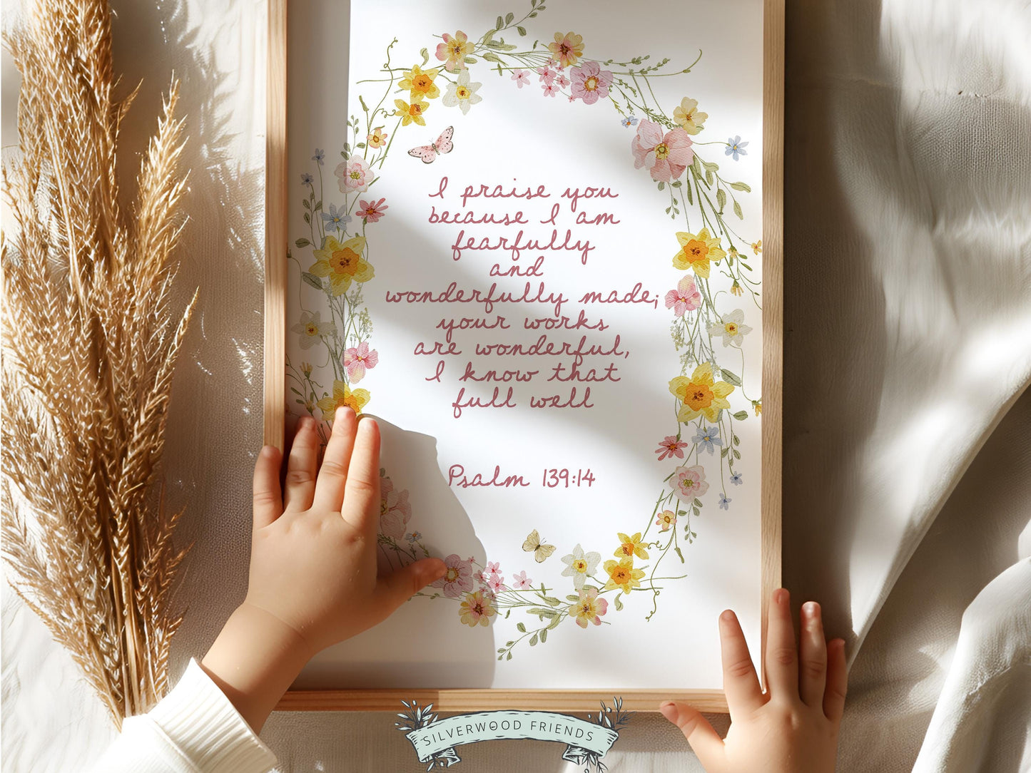 Psalm 139:14 Nursery Wall Art, Fearfully and Wonderfully Made Bible Verse Print, Baby Girl Floral Christian Nursery Decor, Digital Download