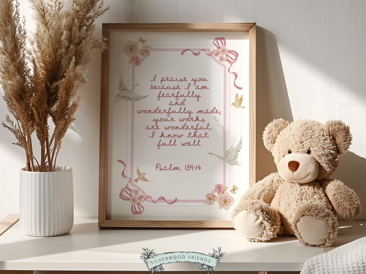 Psalm 139:14 Nursery Wall Art, Fearfully and Wonderfully Made Bible Verse Print, Baby Girl Floral Goose Christian Nursery Decor (DIGITAL)