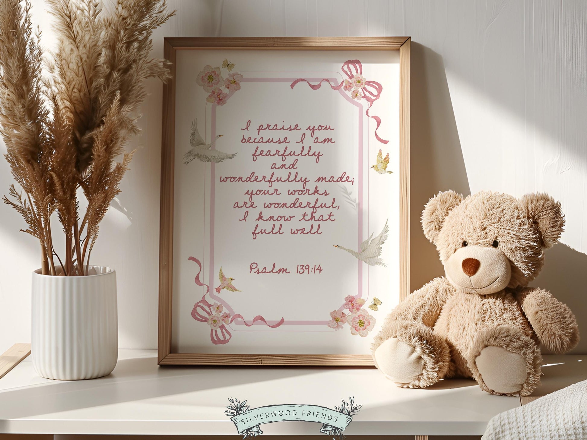 Psalm 139:14 Nursery Wall Art, Fearfully and Wonderfully Made Bible Verse Print, Baby Girl Floral Goose Christian Nursery Decor (DIGITAL)