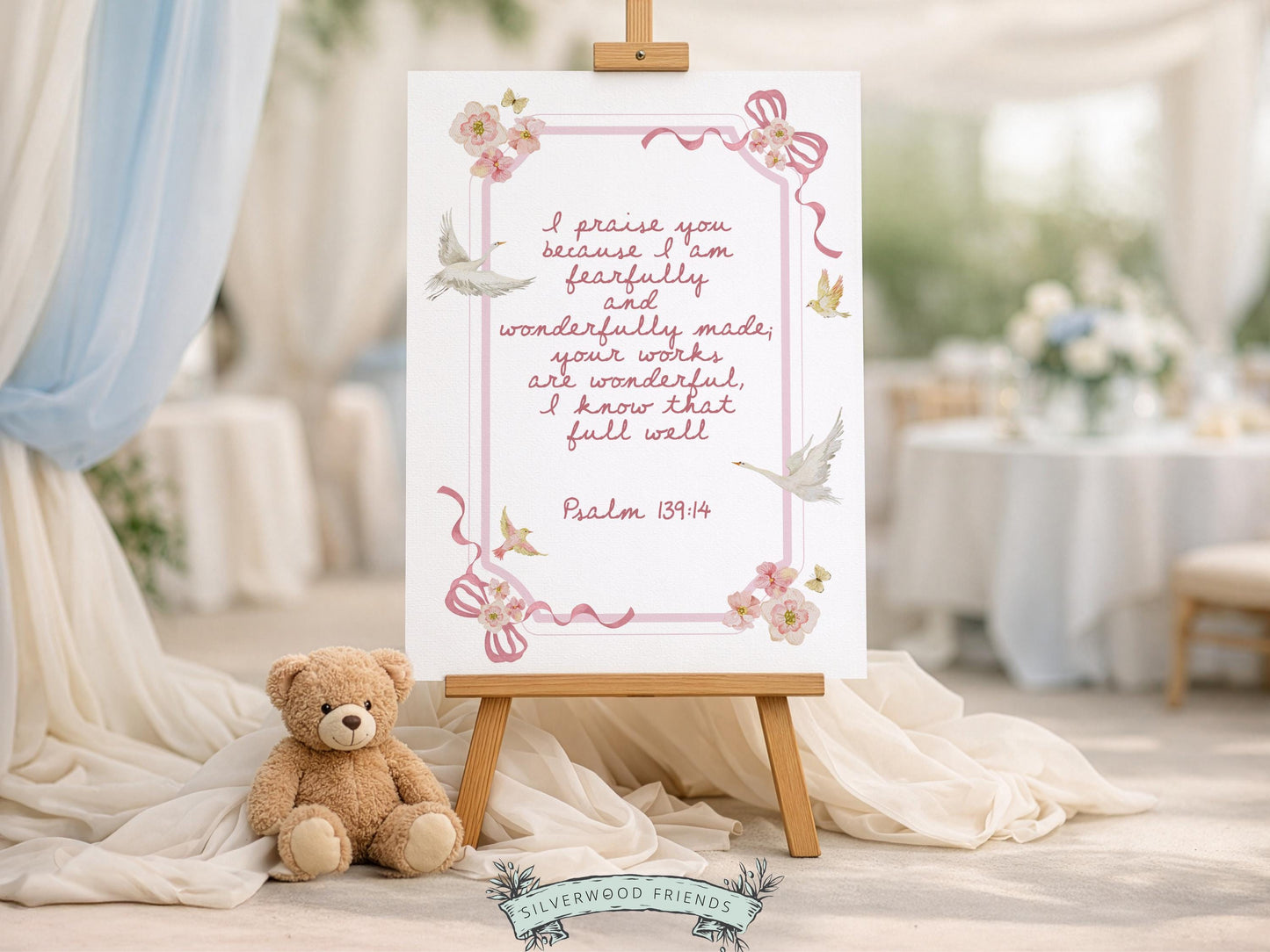 Psalm 139:14 Nursery Wall Art, Fearfully and Wonderfully Made Bible Verse Print, Baby Girl Floral Goose Christian Nursery Decor (DIGITAL)