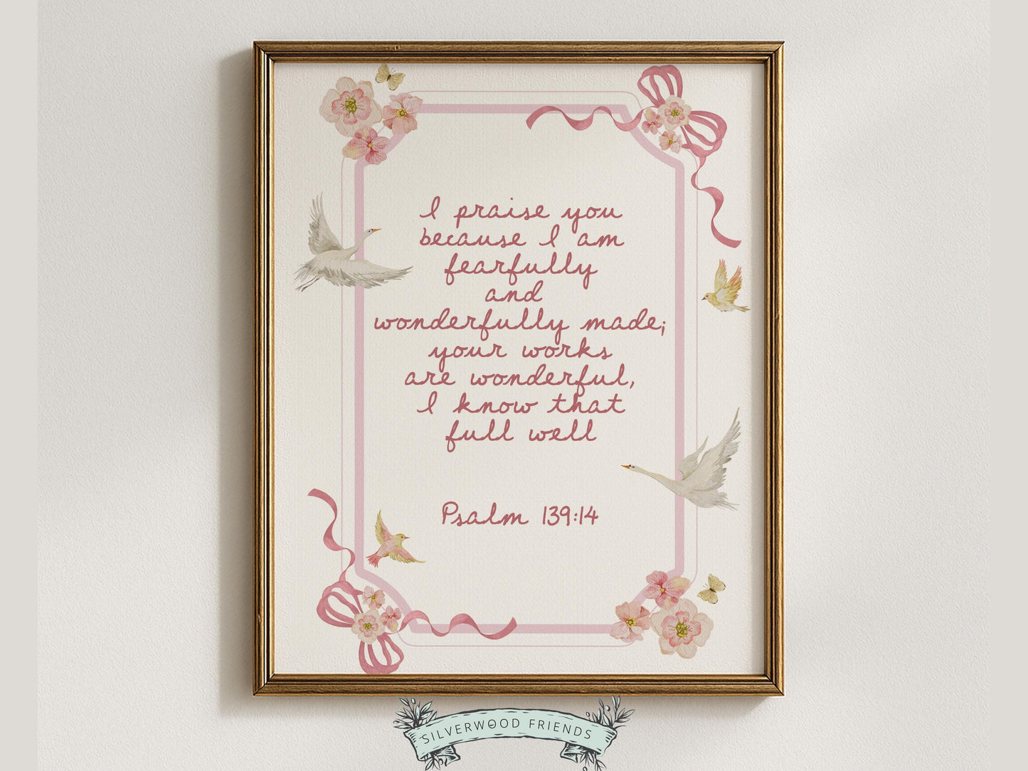 Psalm 139:14 Nursery Wall Art, Fearfully and Wonderfully Made Bible Verse Print, Baby Girl Floral Goose Christian Nursery Decor (DIGITAL)