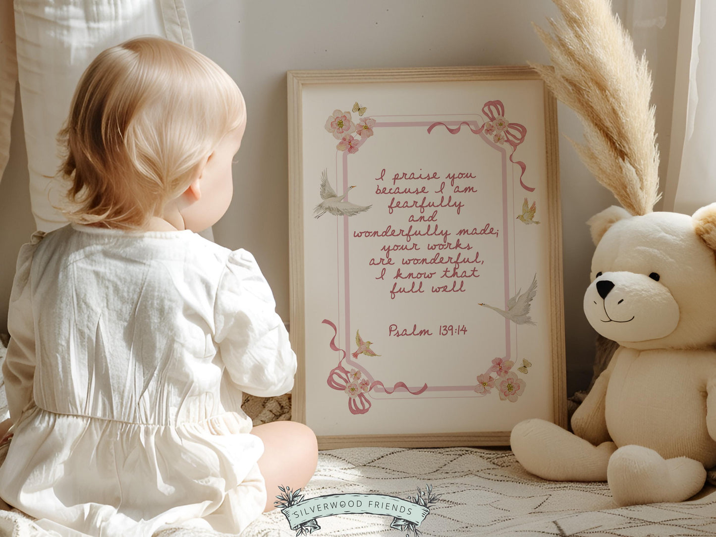 Psalm 139:14 Nursery Wall Art, Fearfully and Wonderfully Made Bible Verse Print, Baby Girl Floral Goose Christian Nursery Decor (DIGITAL)