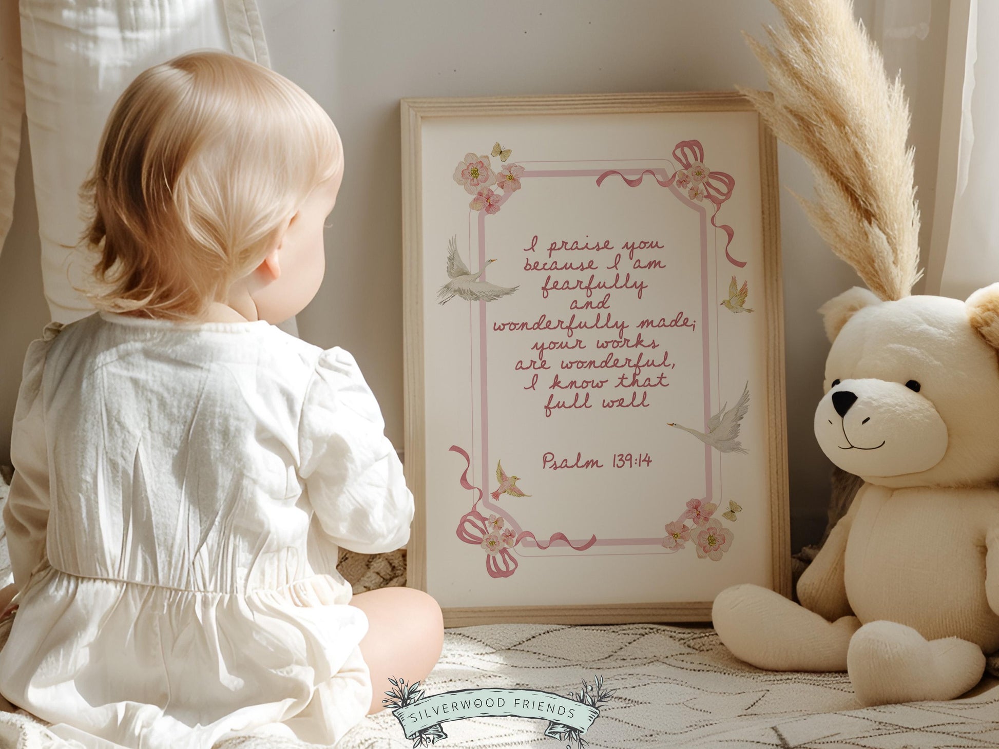 Psalm 139:14 Nursery Wall Art, Fearfully and Wonderfully Made Bible Verse Print, Baby Girl Floral Goose Christian Nursery Decor (DIGITAL)