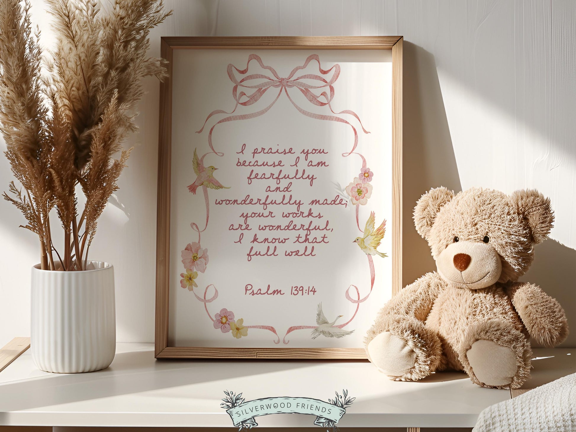 Psalm 139:14 Nursery Wall Art, Fearfully Wonderfully Made Bible Verse Print, Baby Girl Pretty Floral Goose Christian Nursery Decor (DIGITAL)
