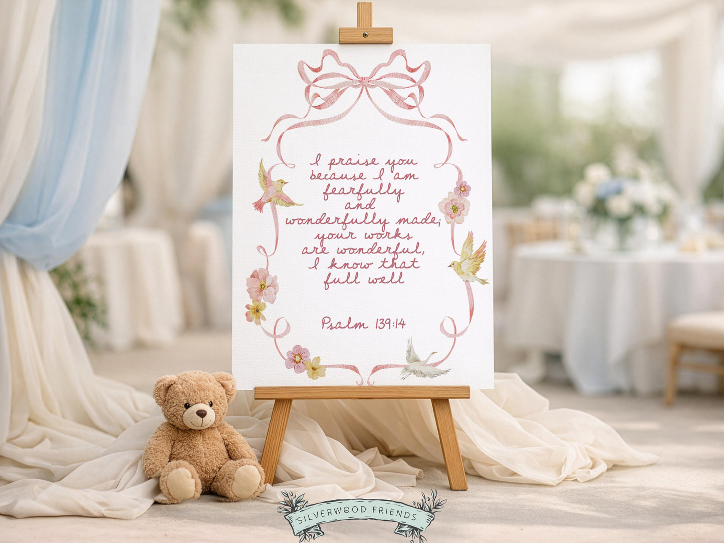 Psalm 139:14 Nursery Wall Art, Fearfully Wonderfully Made Bible Verse Print, Baby Girl Pretty Floral Goose Christian Nursery Decor (DIGITAL)