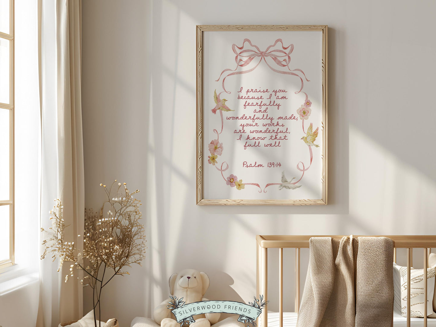 Psalm 139:14 Nursery Wall Art, Fearfully Wonderfully Made Bible Verse Print, Baby Girl Pretty Floral Goose Christian Nursery Decor (DIGITAL)
