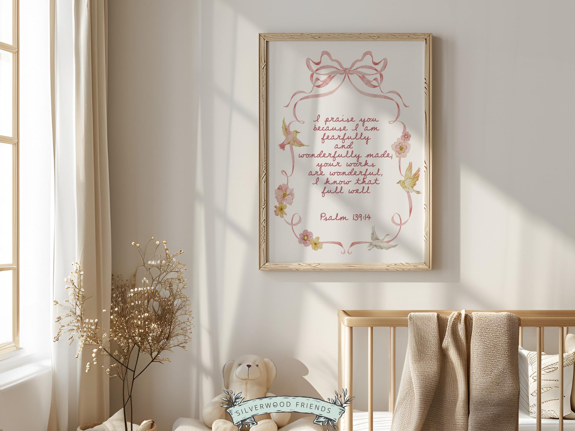Psalm 139:14 Nursery Wall Art, Fearfully Wonderfully Made Bible Verse Print, Baby Girl Pretty Floral Goose Christian Nursery Decor (DIGITAL)
